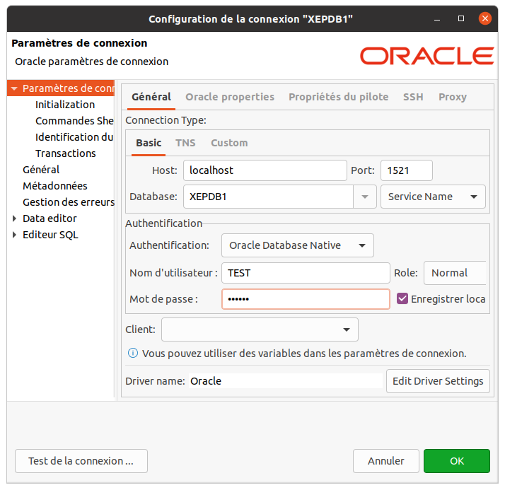 Écran de configuration DBeaverde la connexion sur Oracle Database avec l’utilisateur TEST