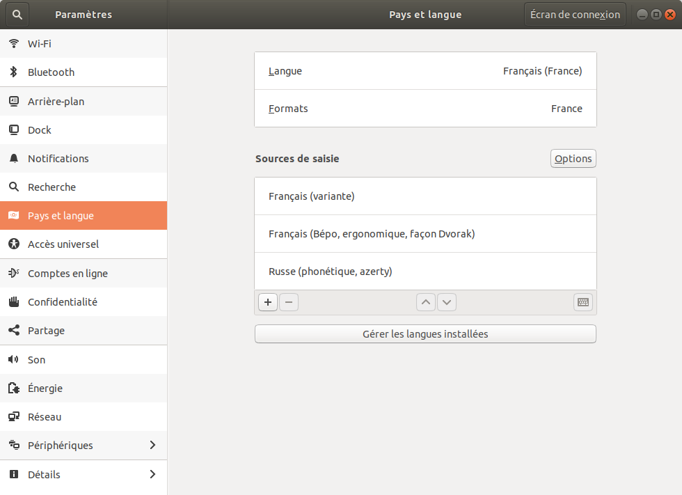 Capture d’écran de la fenêtre des paramètres clavier/langue sur Ubuntu 18.04