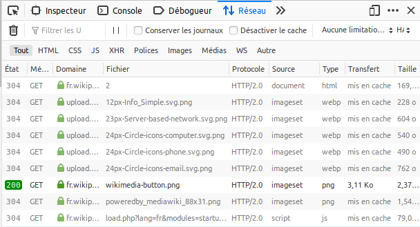 Capture d’écran des évènements réseaux dans les outils Dev Tools de Firefox pour voir l’activation du protocole HTTP/2